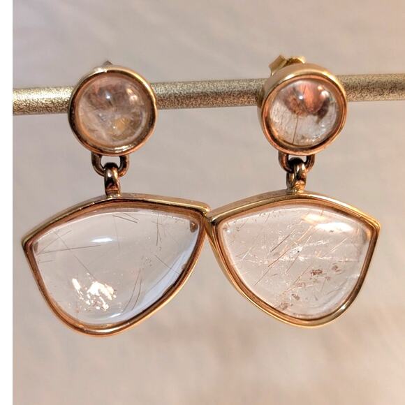 Gold-Plated Rutilated Quartz Geometric Dangle Post Earrings - Picture 3 of 8